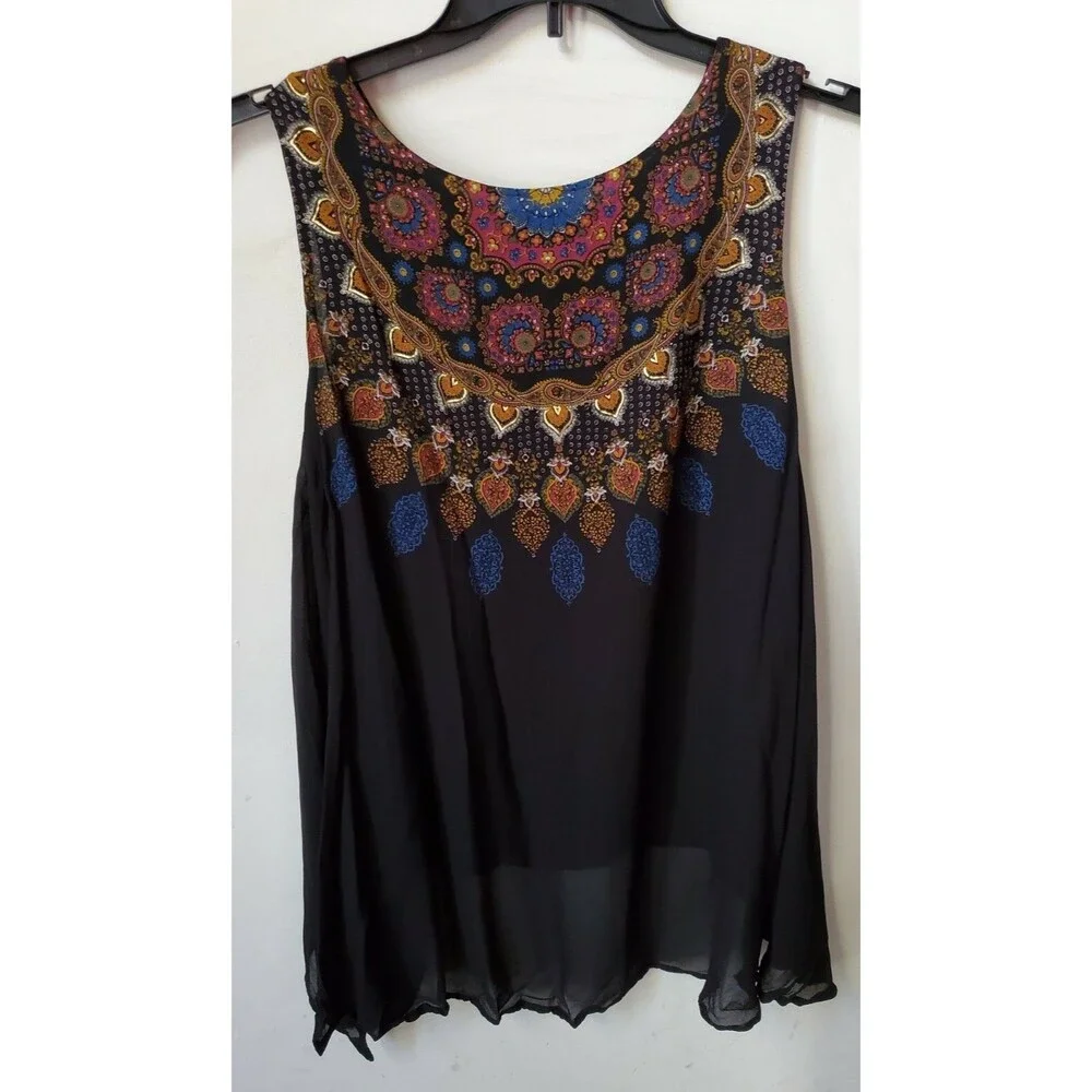 Desigual Womens Sleeveless viscose vented Tunic Top L Black & Gold Print